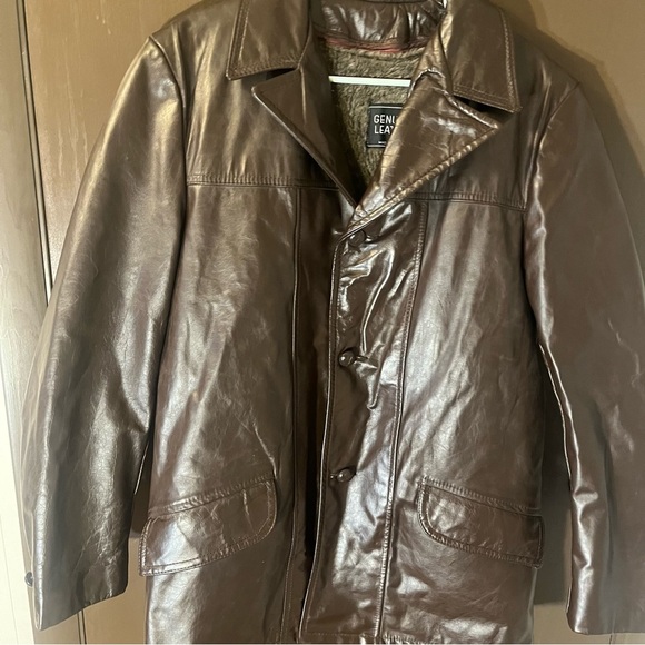 Vintage Genuine Leather Jacket Chocolate Brown Button Up Faux Fur Lining - Picture 4 of 9